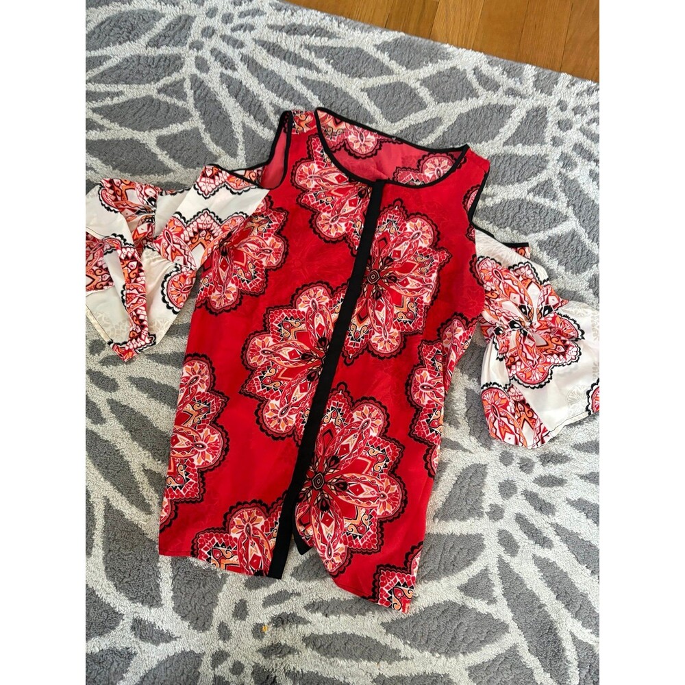 Chico’s Paisley Red and White Cold Shoulder Blouse